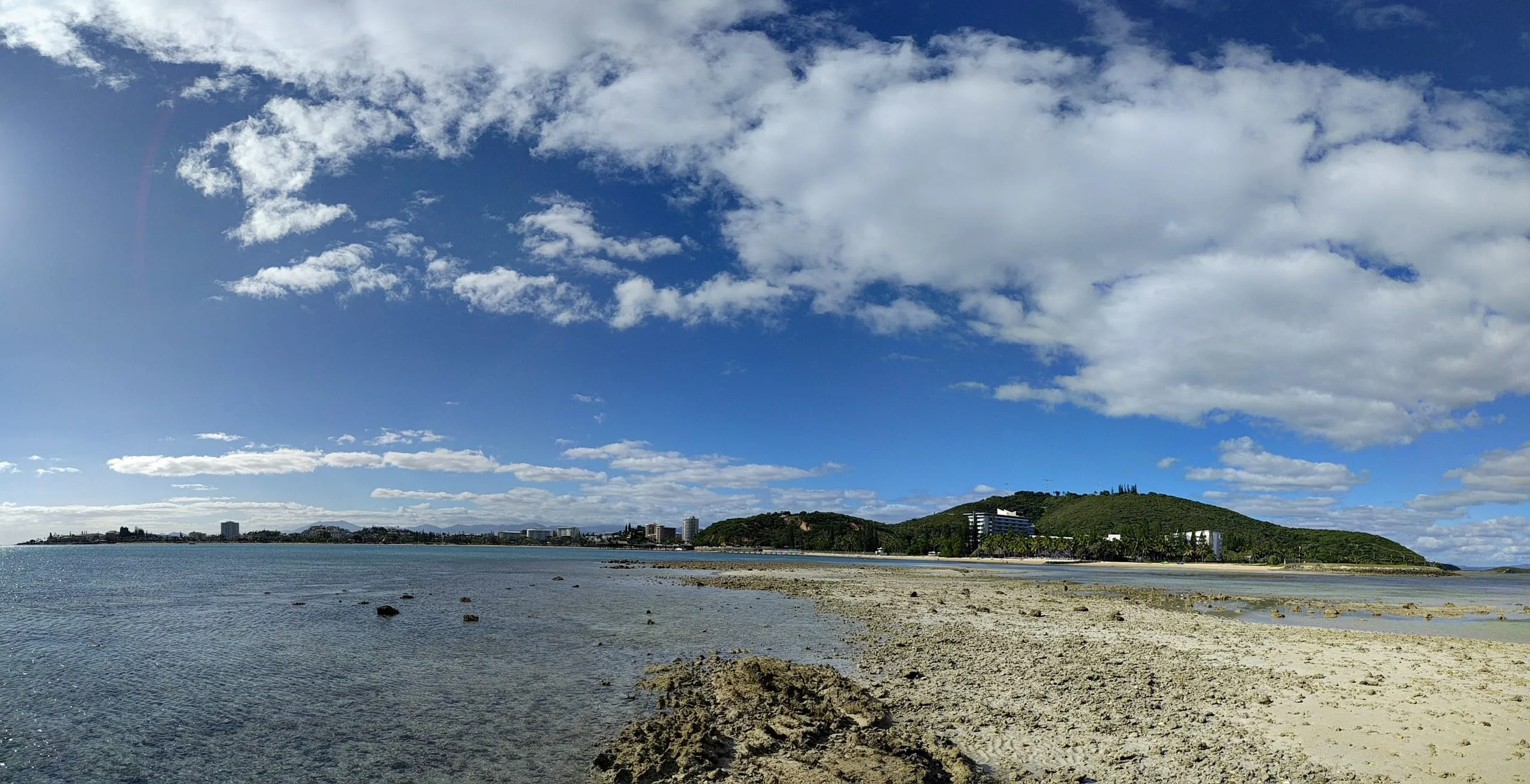 A rocky shore at low tide under big white clouds.